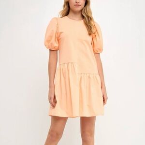 English Factory Puff Shoulder Mixed Media MiniDress Peach Coral Coquette Ruffle